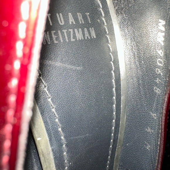 Stuwart Weitzman red metallic leather peep toe heel 9.5 Christmas holiday formal - Picture 15 of 15